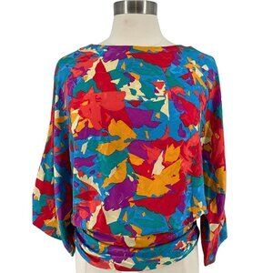 Hanae Mori Boutique Vintage 1980s 100% Silk Printed Blouse Hong Kong Women's 10